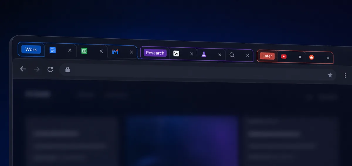 Browser toolbar showing colored tab groups named Work, Research, and Later